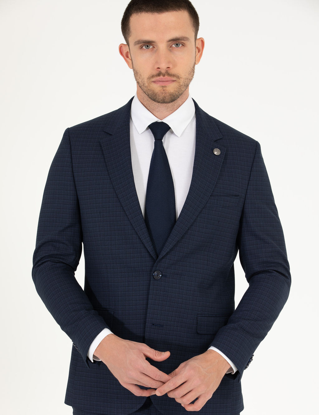 Ekose Lacivert Slim Fit Tak_m Elbise