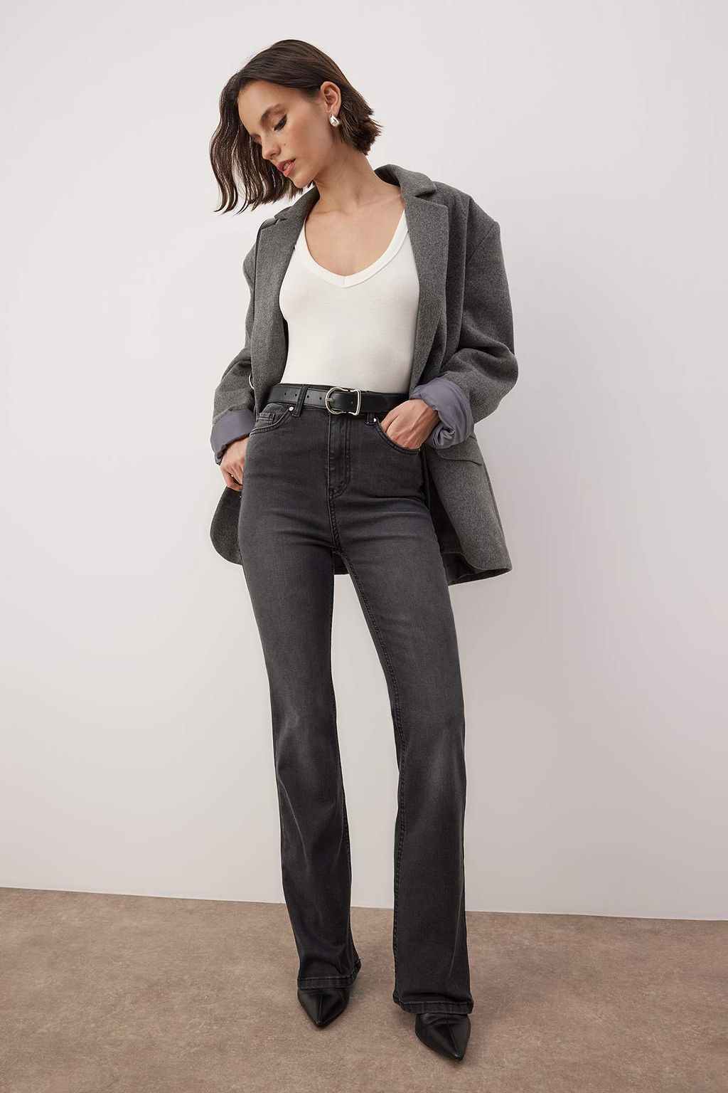 Antrasit Yuksek Bel Ispanyol Paca Flare Jeans TWOAW26JE00255