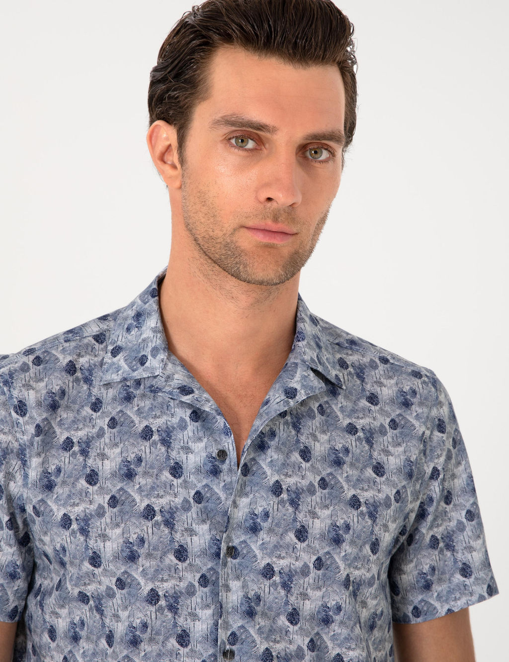 Lacivert Regular Fit Keten Kar___ml_ Desenli K_sa Kollu G_mlek - Cacharel фото 2