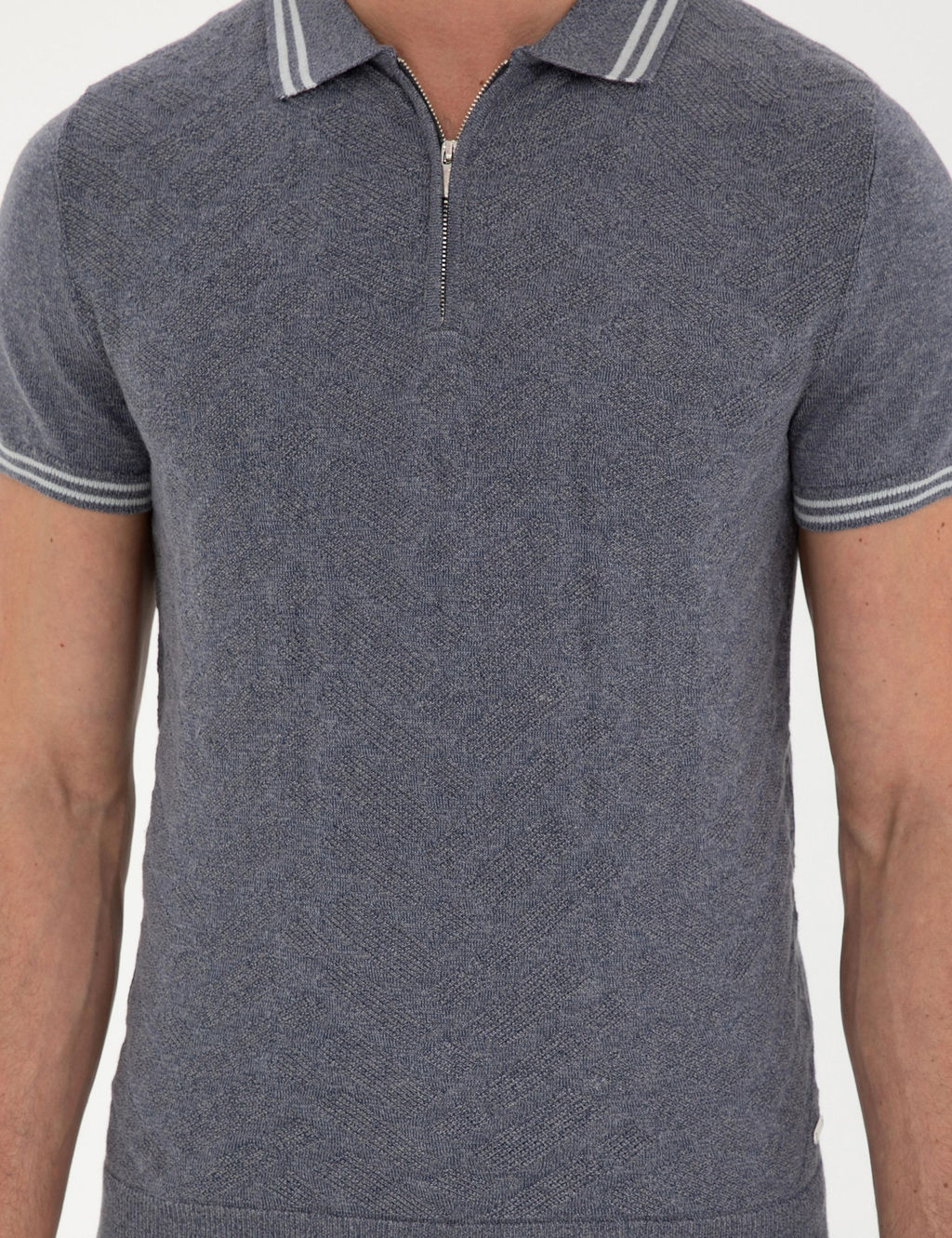 _ndigo Slim Fit Fermuarl_ Polo Yaka Keten Kar___ml_ Triko Ti__rt