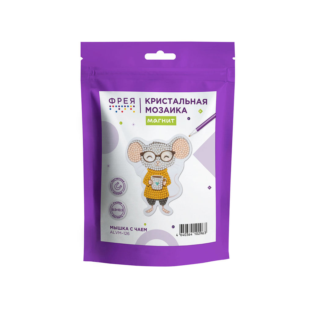 Кристальная (алмазная) мозаика ФРЕЯ ALVM-126 магнит Мышка с чаем 9.5 х 10.5 см