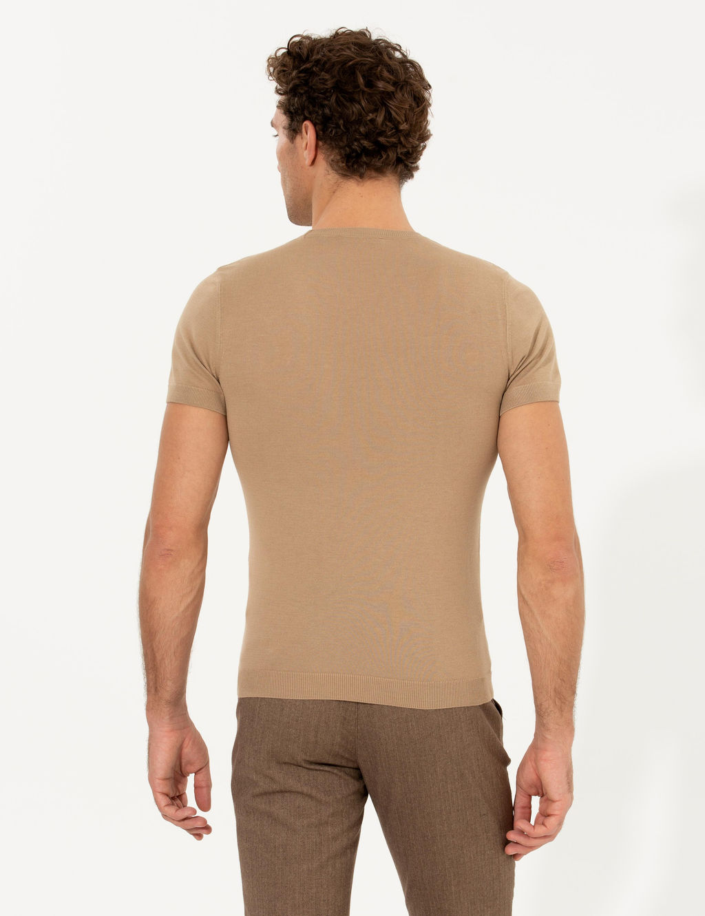 Bej Slim Fit Bisiklet Yaka Triko T-shirt