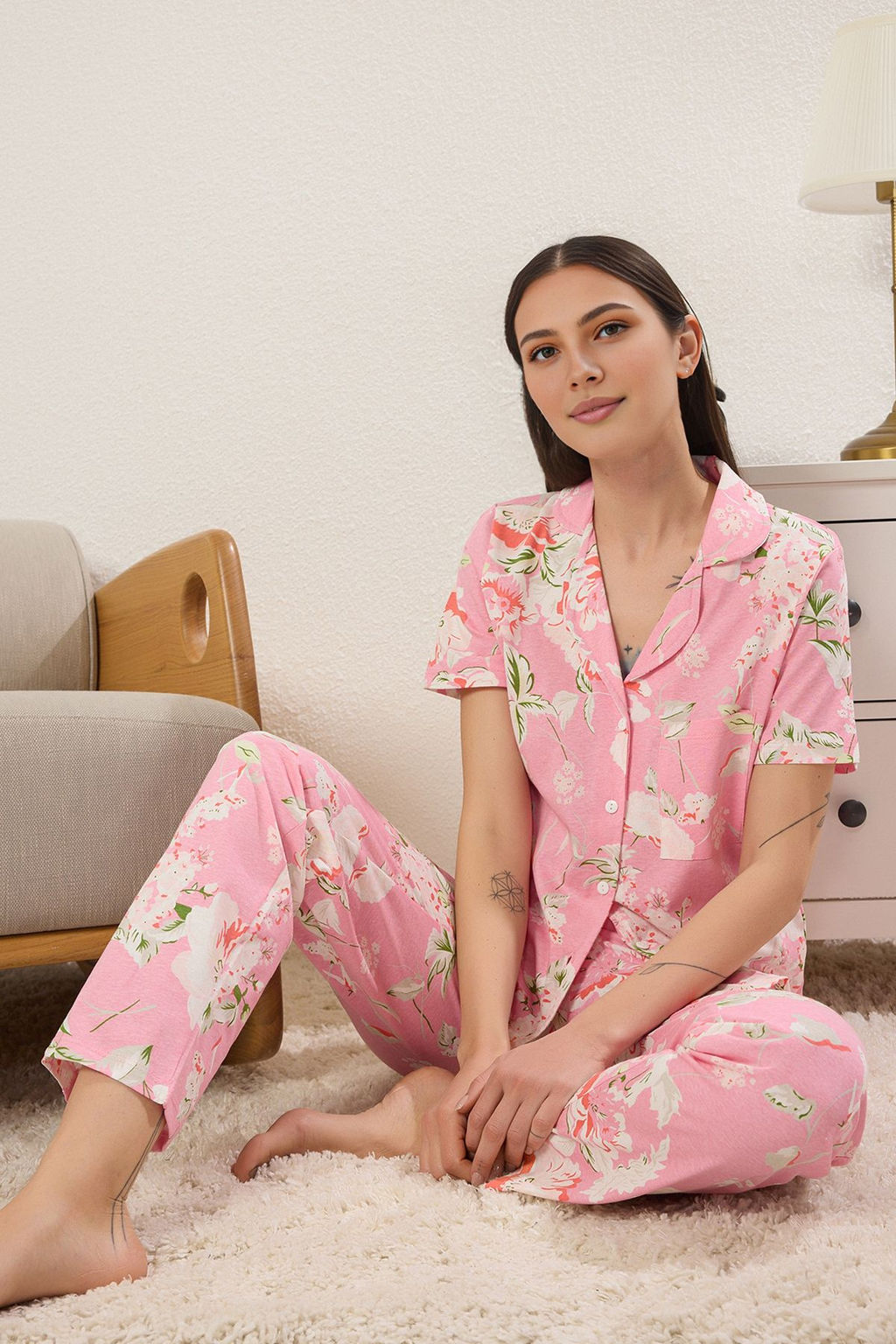 Trendyolmilla Sar? %100 Pamuklu Cicek Desenli Gomlek-Pantolon Orme Pijama Tak?m? THMSS20PT0063 фото 13