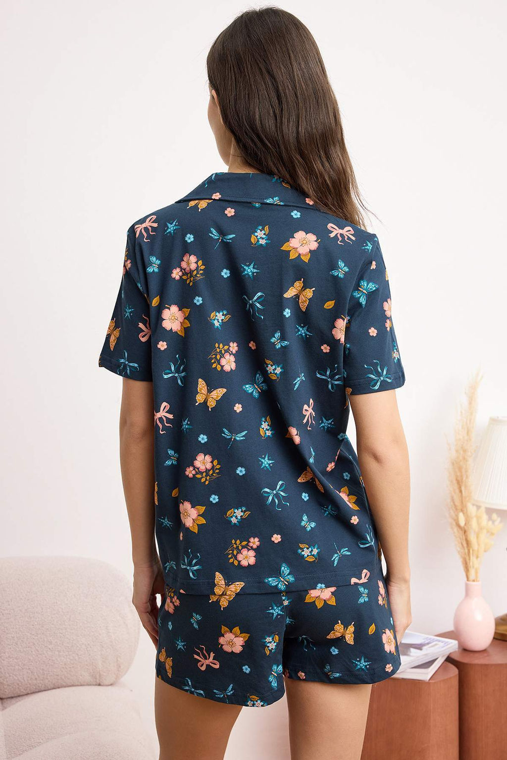 Lacivert %100 Pamuk Cicek ve Kurdele Desenli Orme Pijama Tak?m? THMSS26PT00112