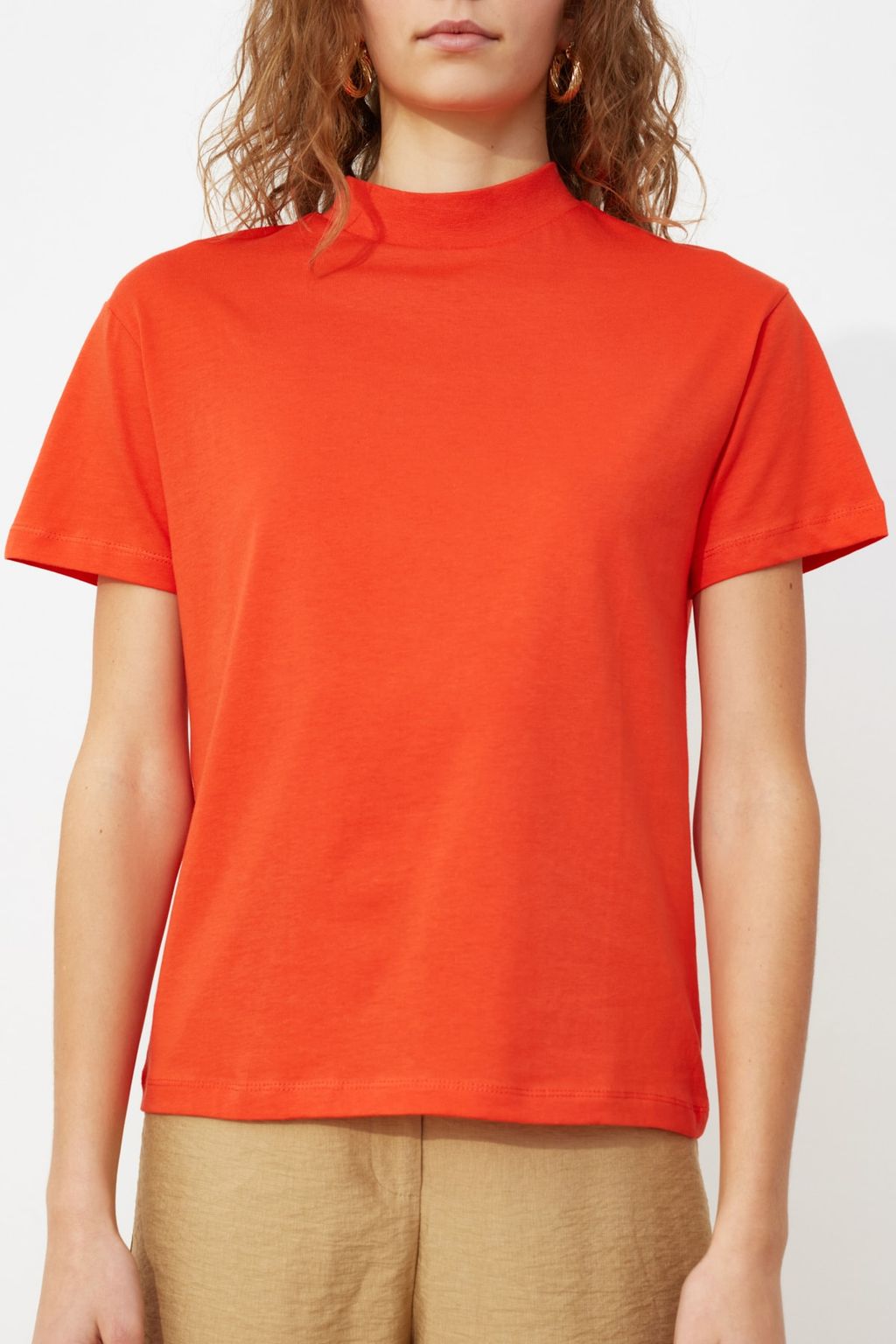 K?rm?z? %100 Pamuk Basic Regular/Normal Kal?p Dik Yaka Orme T-Shirt TWOAW20TS0096