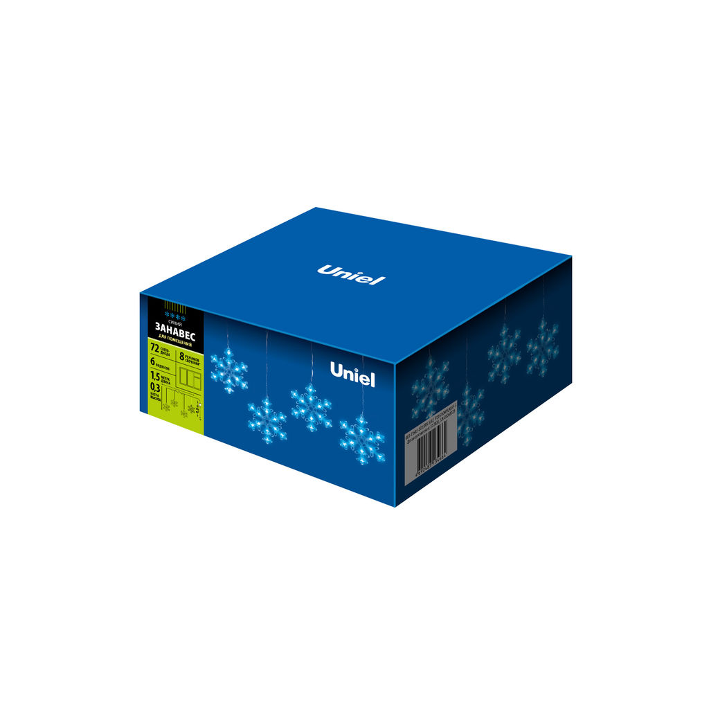 ULD-E1503-072/DTA BLUE IP20 SNOWFLAKES-3 Занавес фигурный светодиодный, 1,5х0,3м. 72 светодиода. Синий свет. Провод прозрачный. TM Uniel