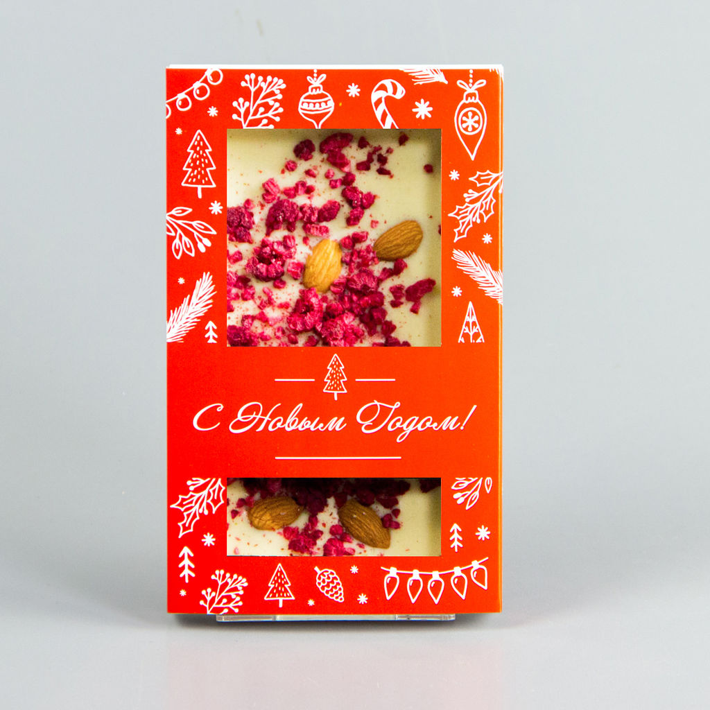 Белый шоколад с сублиматами малиной и миндалем, красная коробочка #7