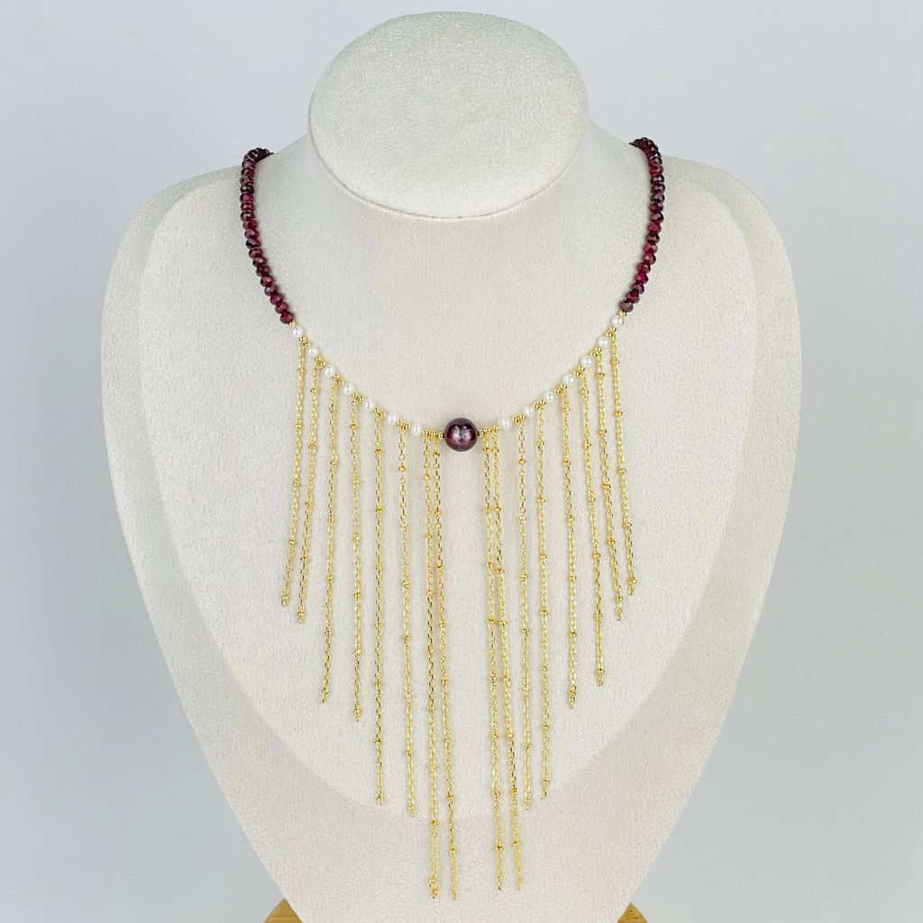 Колье из Граната, Жемчуга и Лепидолита 40 см +