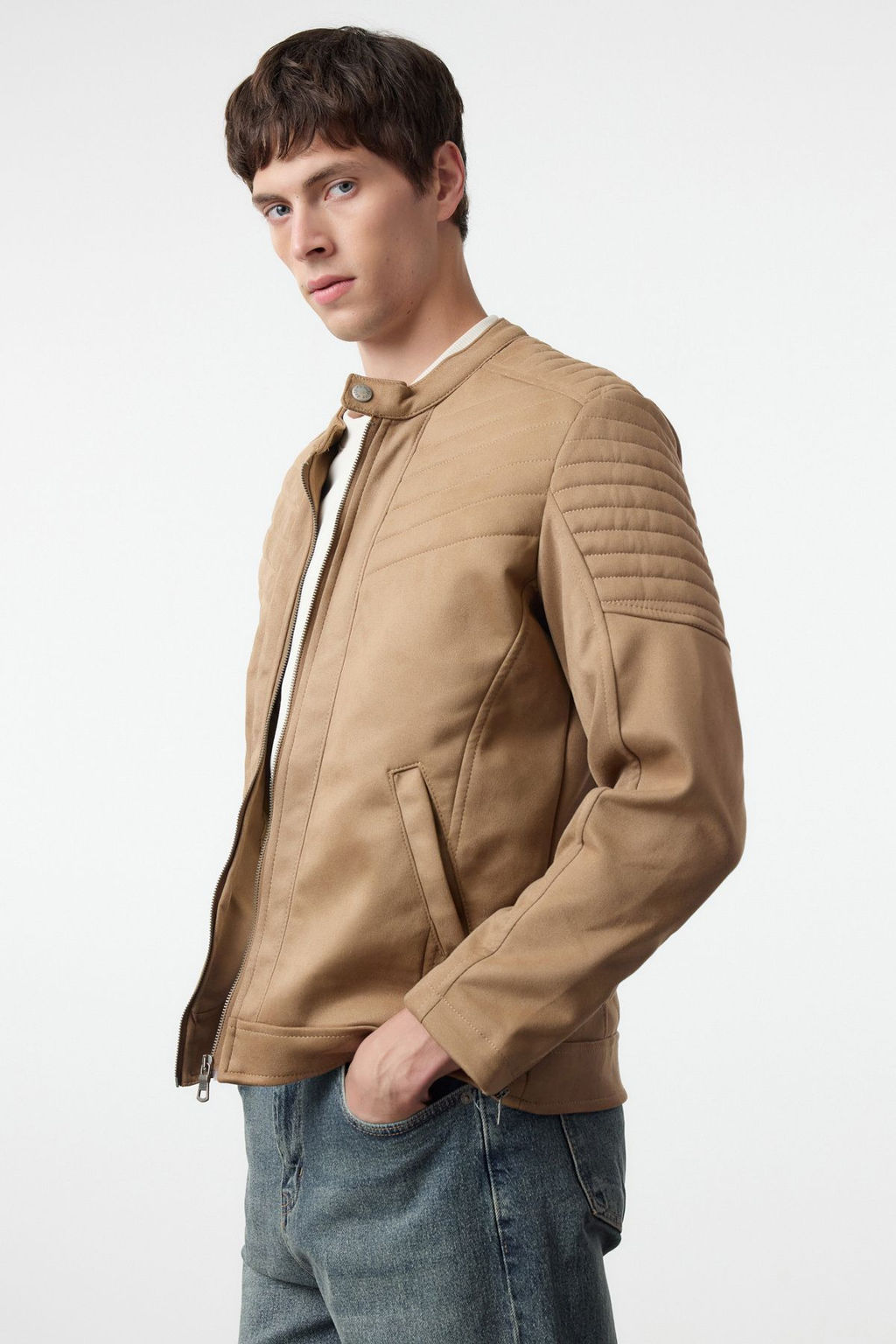 TRENDYOL MAN Camel Slim Fit Suet K?sl?k Biker Ruzgara ve Suya Dayan?kl? Mont Ceket TMNAW25MO00048