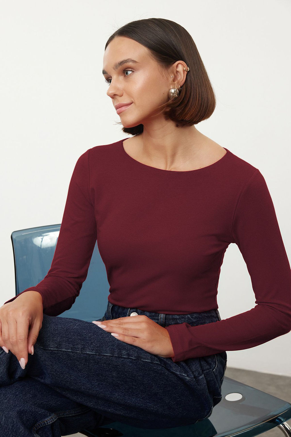 Bordo Pamuklu Kay?k Yaka Fitted/Vucuda Oturan Esnek Bluz TWOAW24BZ00166