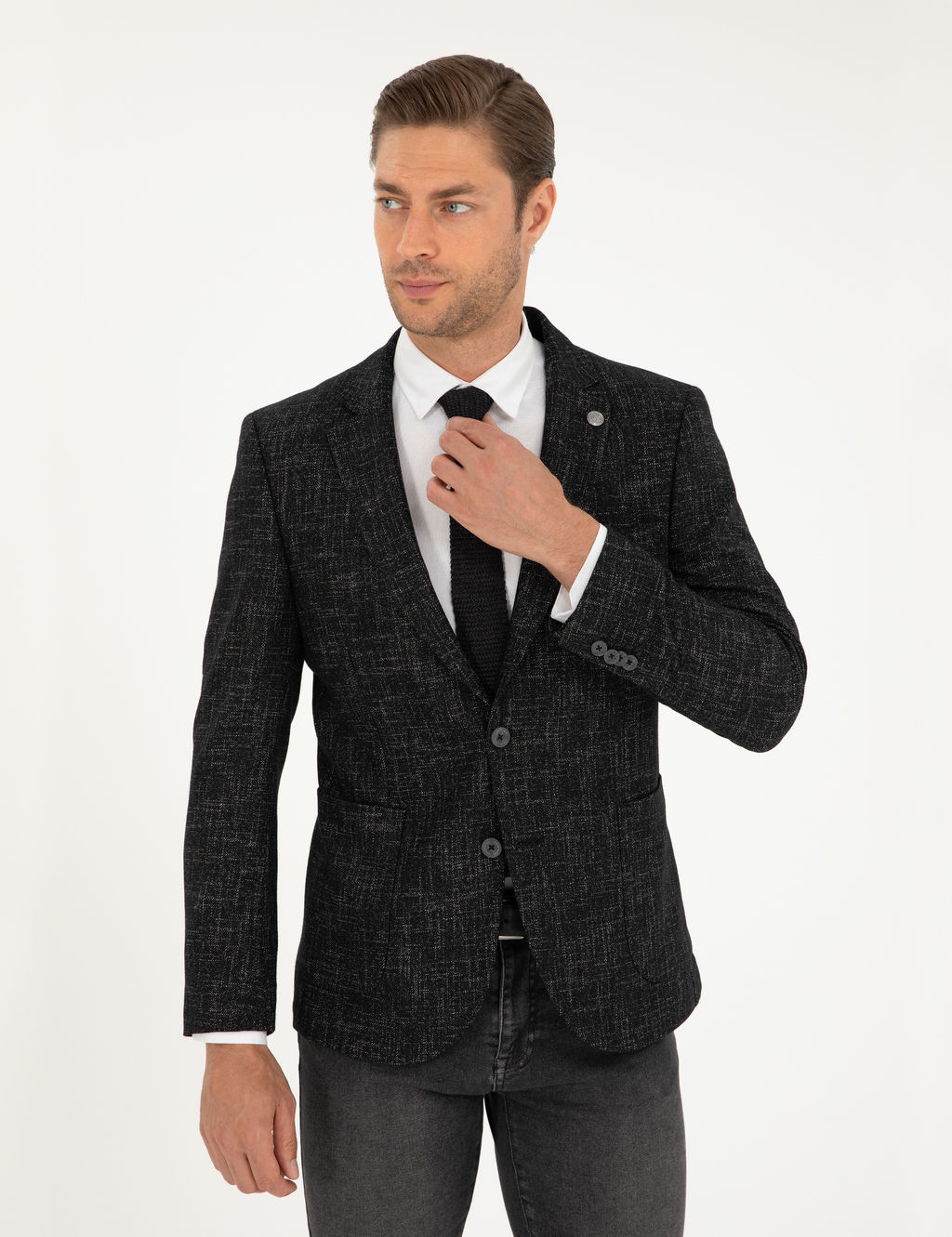 Siyah Y_n Kar___ml_ Ex. Slim Fit Ceket