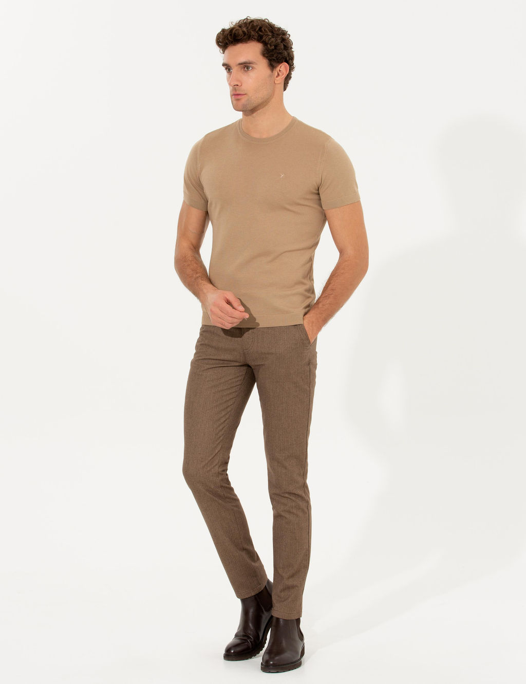 Bej Slim Fit Bisiklet Yaka Triko T-shirt