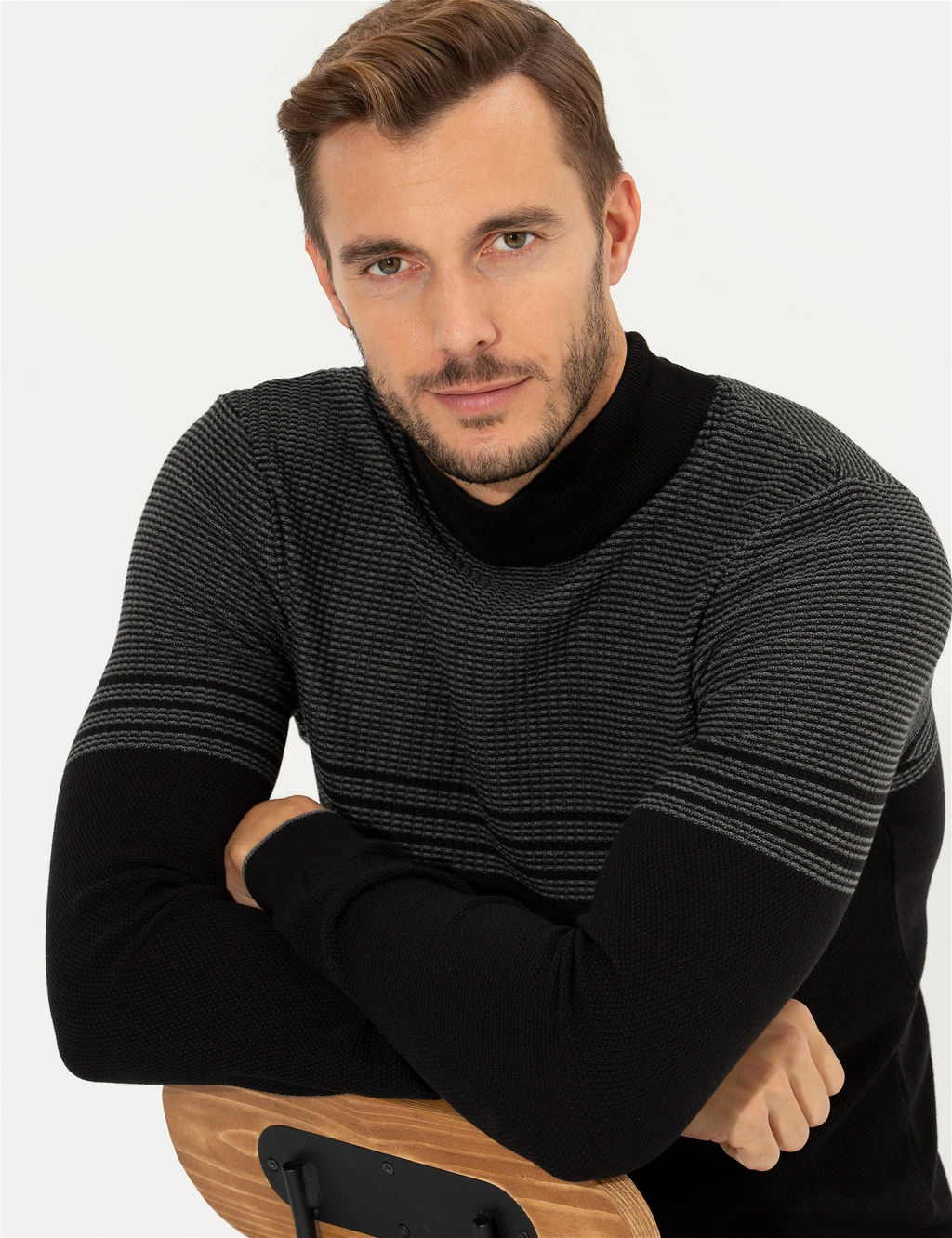 Siyah Slim Fit Yar_m Bal_k__ Yaka Triko Kazak - Pierre cardin фото 2