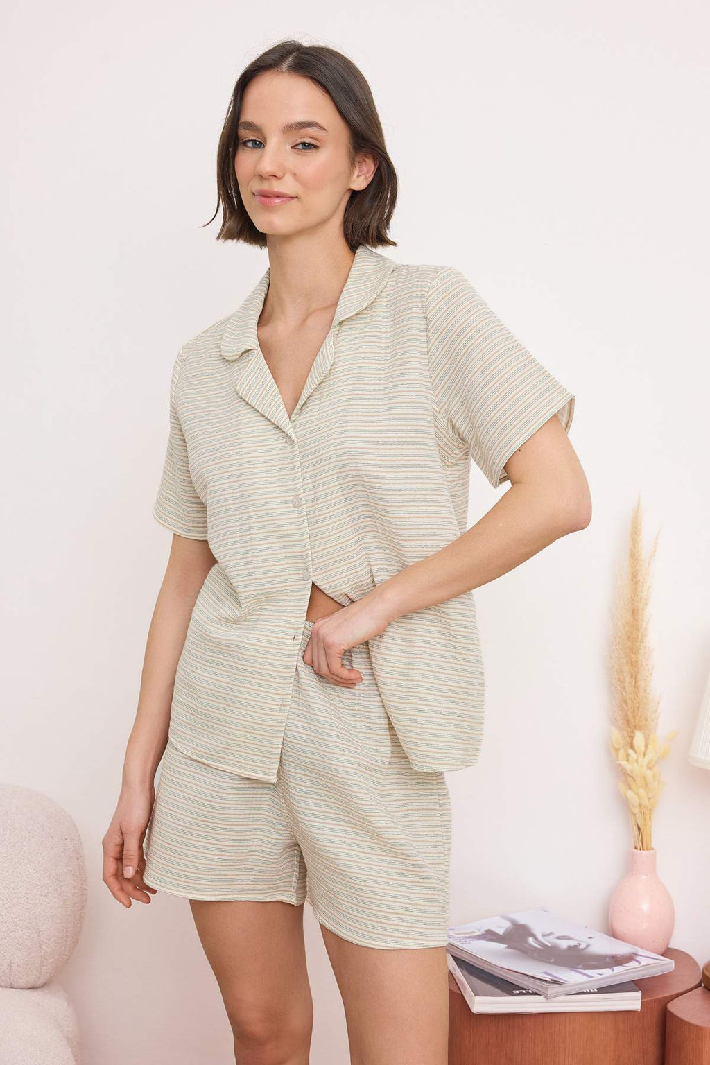 Bej %100 Pamuklu Cizgili Muslin Dokuma Pijama Tak?m? THMSS26PT00135