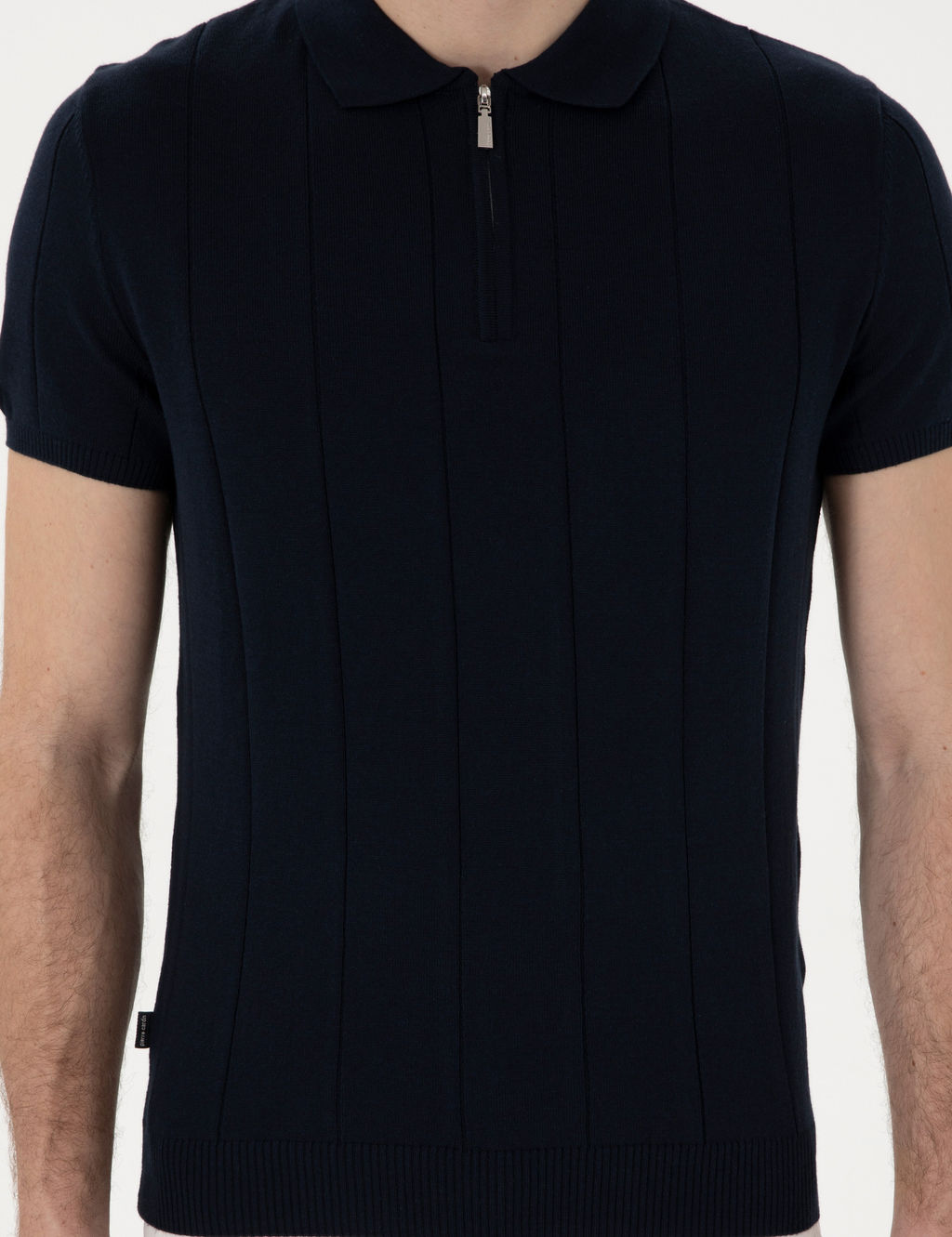 Lacivert Slim Fit Fermuarl_ Polo Yaka Triko Ti__rt