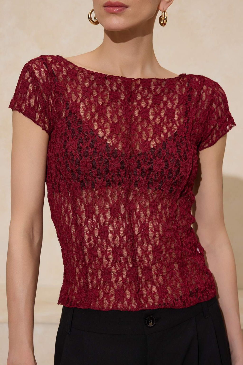 Bordo Fitted/Vucuda Oturan Kay?k Yaka K?sa Kollu Dantel Orme Bluz TWOSS26BZ00185 - Trendyolmilla фото 3