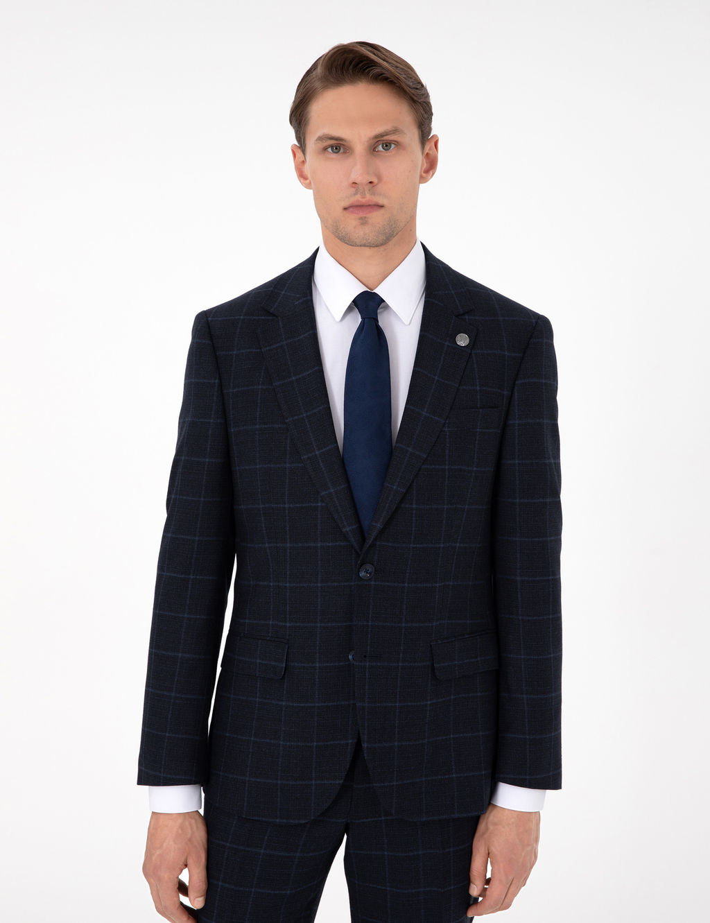 Lacivert Slim Fit Ekose Y_nl_ Tak_m Elbise
