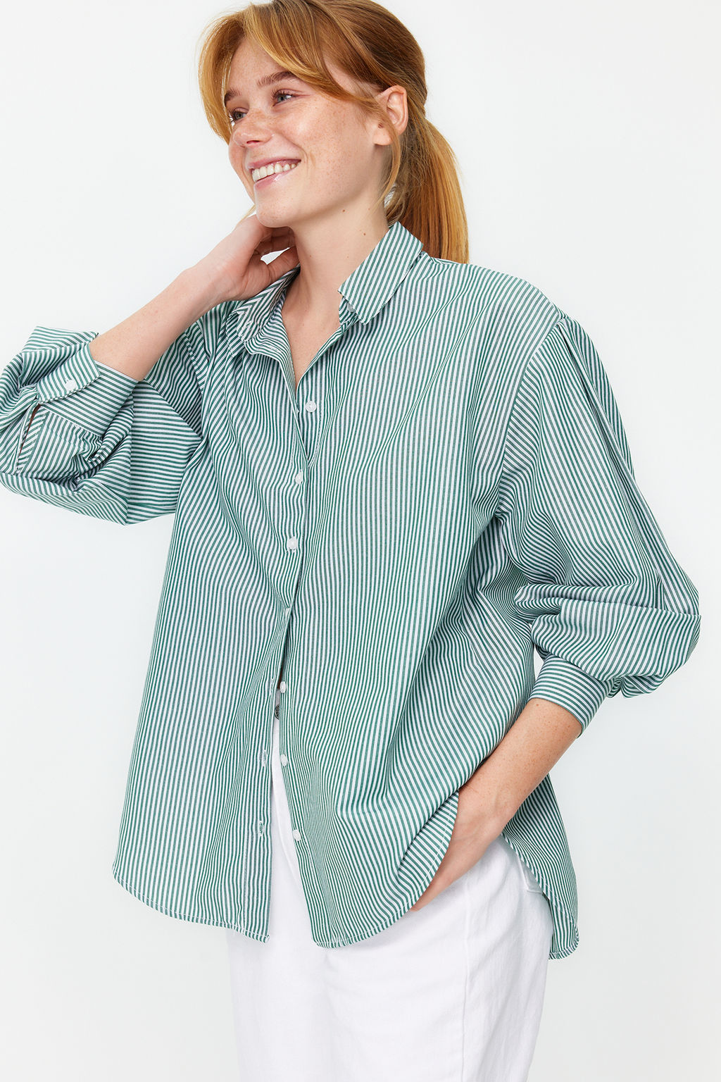 TRENDYOLMILLA Mavi Cizgili Oversize/Genis Kal?p Dokuma Gomlek TWOSS23GO00144  фото 2