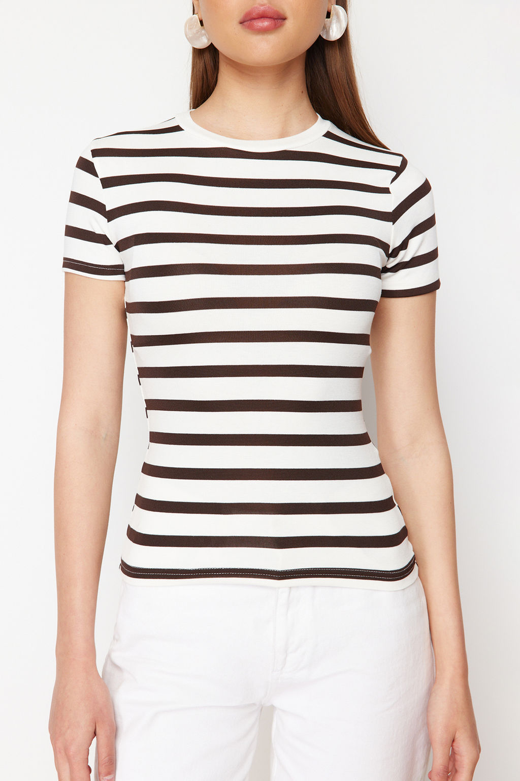 Kahverengi Cizgili Viskoz/Yumusak Kumas Vucuda Oturan Orme Bluz TWOSS24BZ00296