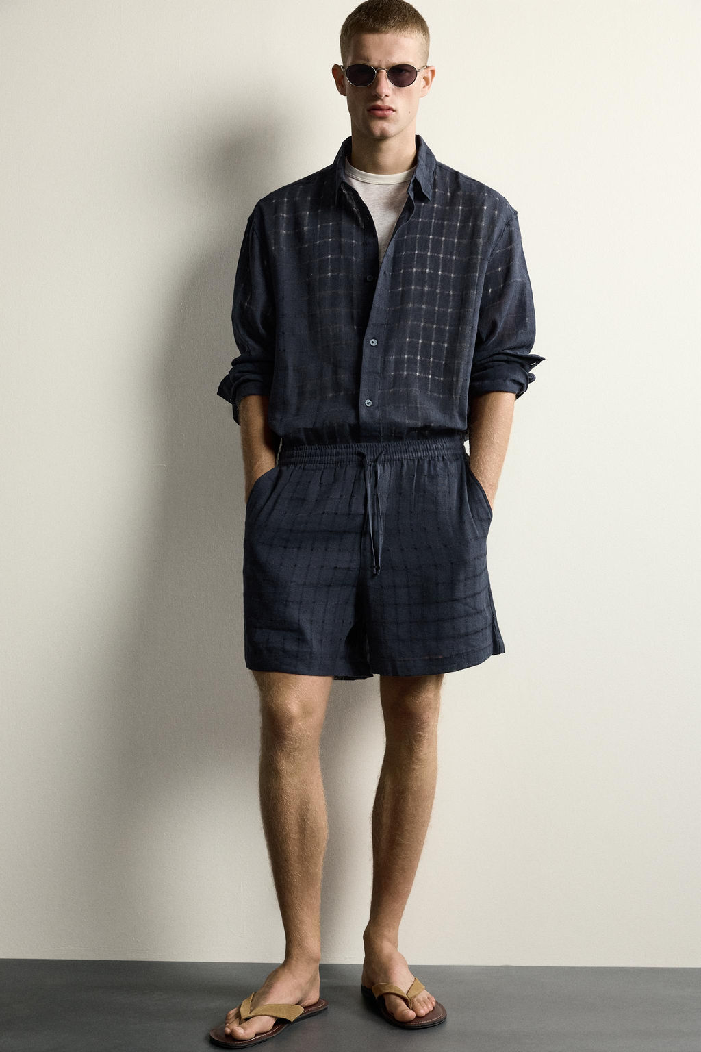 CAMISA RELAXED FIT JACQUARD CUADROS LINO - ALGOD?N / Marino - Zara фото 5