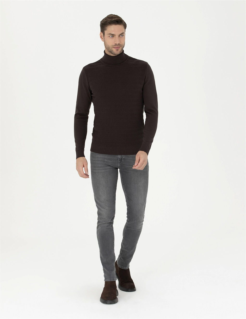 Kahverengi Slim Fit Bal_k__ Yaka Triko Kazak - Pierre cardin фото 4
