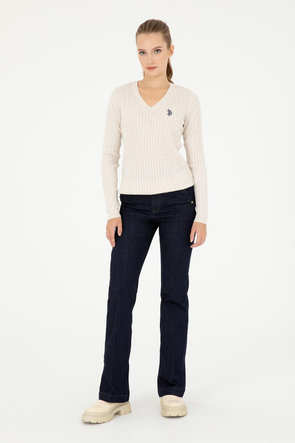 Женский кремовый меланжевый базовый свитер с v-образным вырезом Неожиданная скидка в корзине - U.s. polo assn фото 4