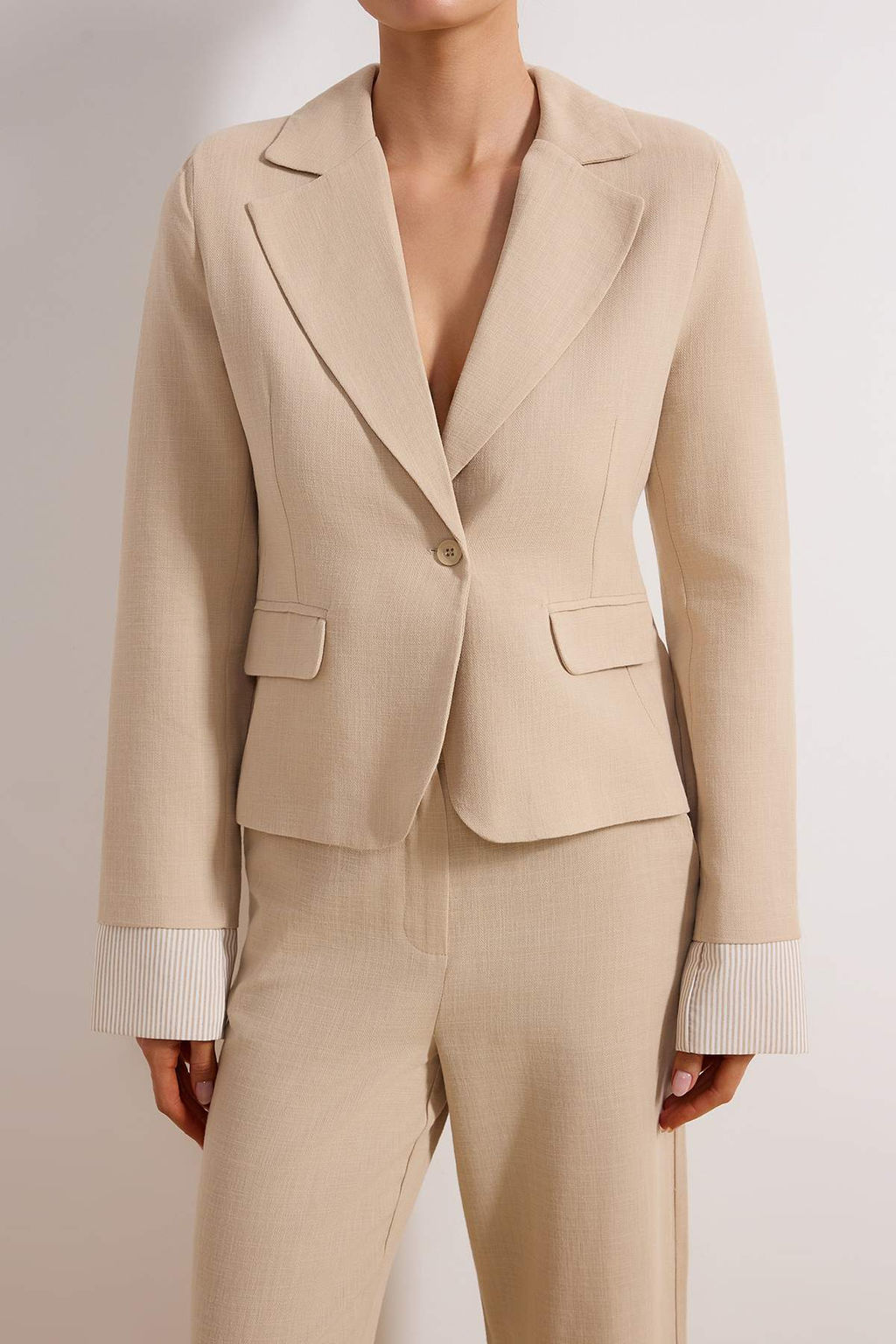 Bej Cizgili Astar Detayl? Dokuma Keten Gorunumlu Blazer Ceket TWOSS26BC00013 - Trendyolmilla фото 3