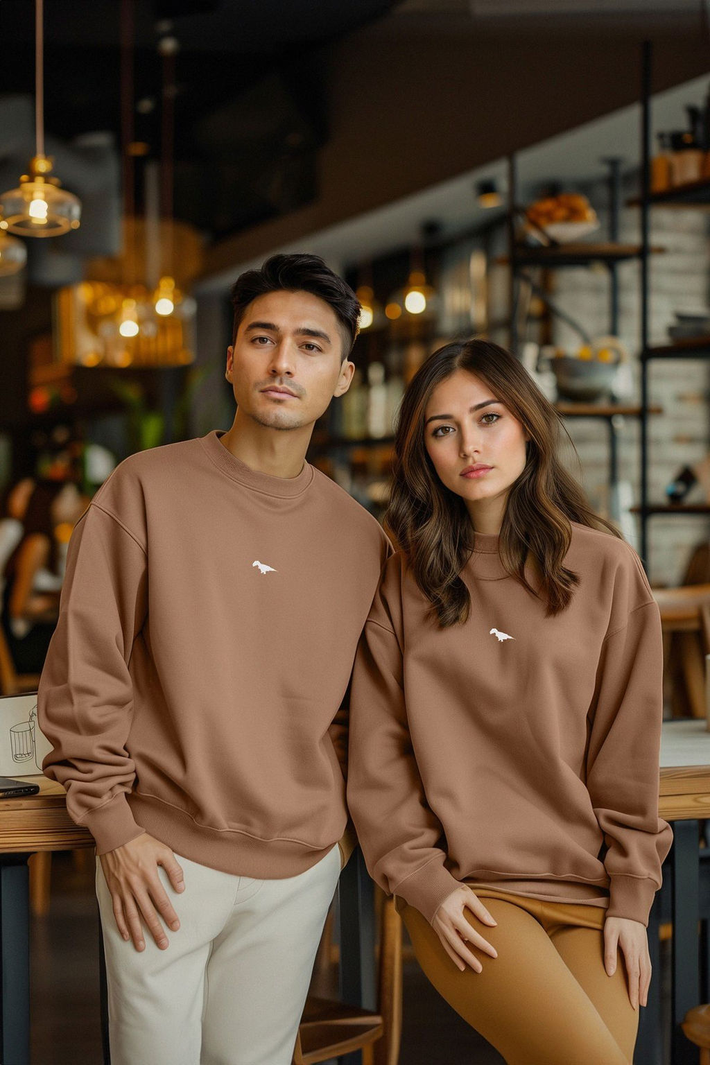 TRENDYOL MAN Gri Bisiklet Yaka Oversize/Genis Kesim Ici Polar/S?cak Tutan Dinozor Nak?s Sweatshirt TMNAW24SW00064