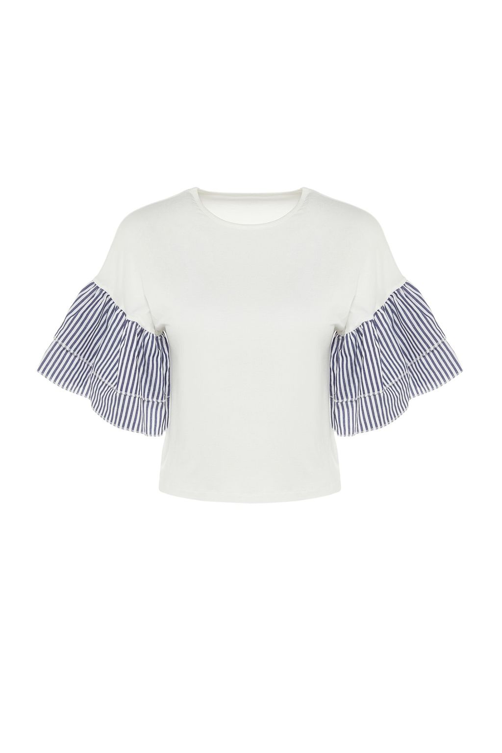 Beyaz Poplin Detayl? Relaxed/Genis Rahat Kesim Bisiklet Yaka Orme Bluz TWOSS23BZ00065