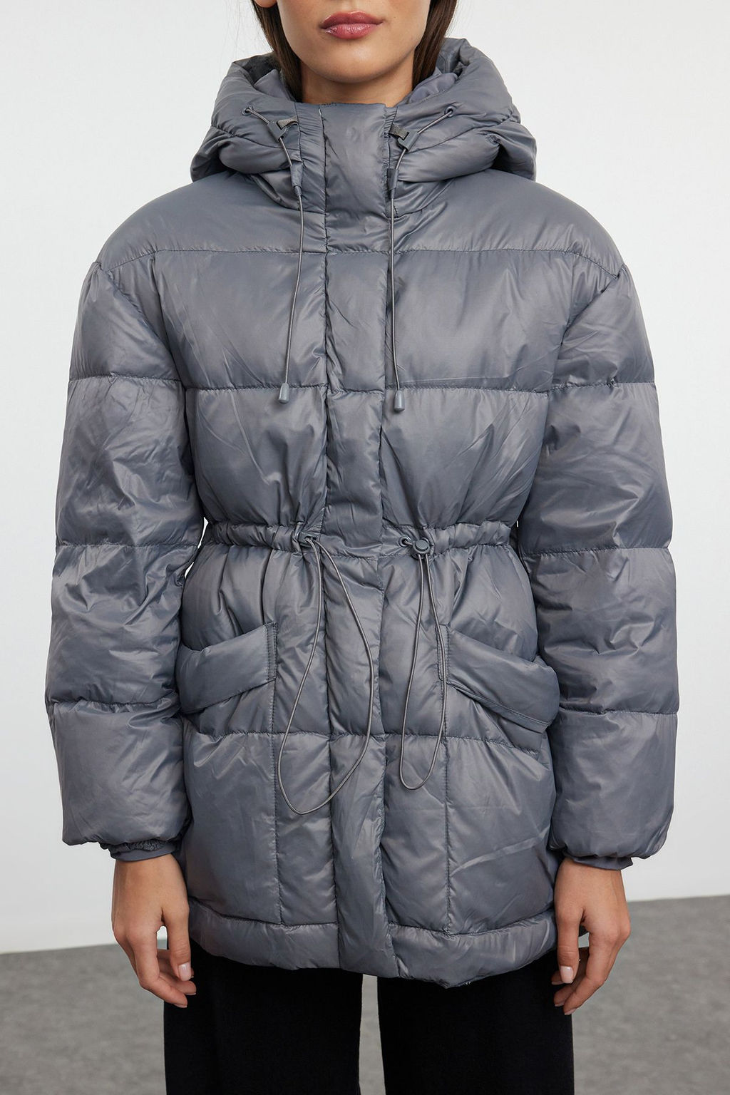 Gri Oversize Kapusonlu Kaz Tuylu Sisme Mont TWOAW25MO00111 - Trendyolmilla фото 3