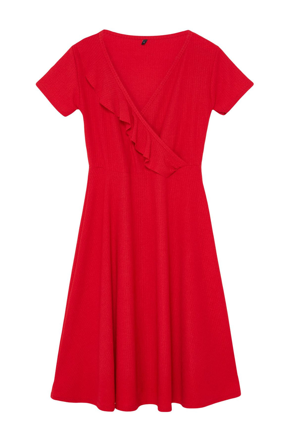 K?rm?z? F?rf?rl? Kruvaze Kapamal? Skater/Belden Ac?lan Esnek Midi Orme Elbise TWOSS24EL01068