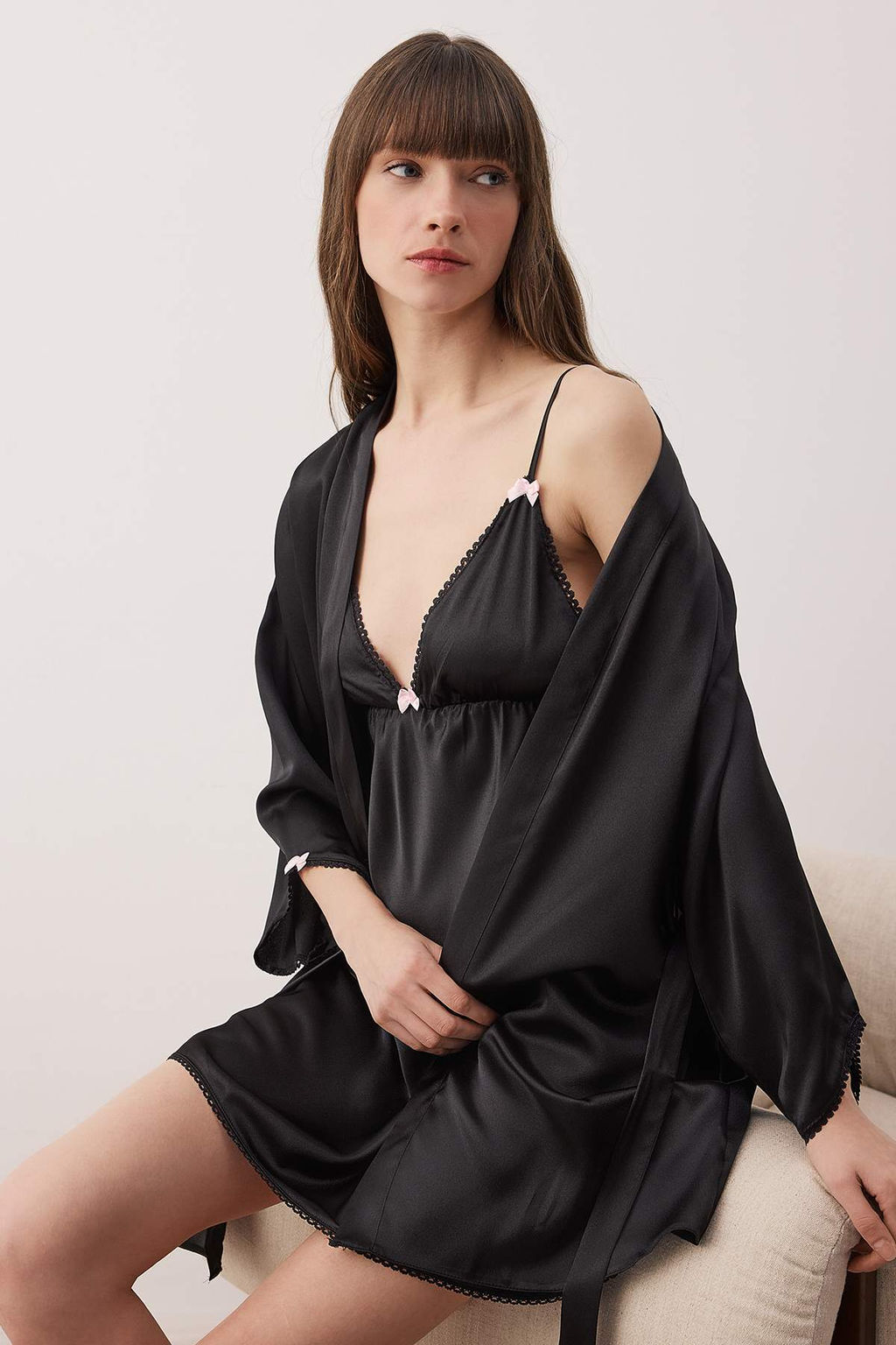 Siyah 4lu Ceyiz Set Saten Dokuma Gecelik+Sabahl?k+Pijama Tak?m? THMAW26PT00210 - Trendyolmilla фото 3