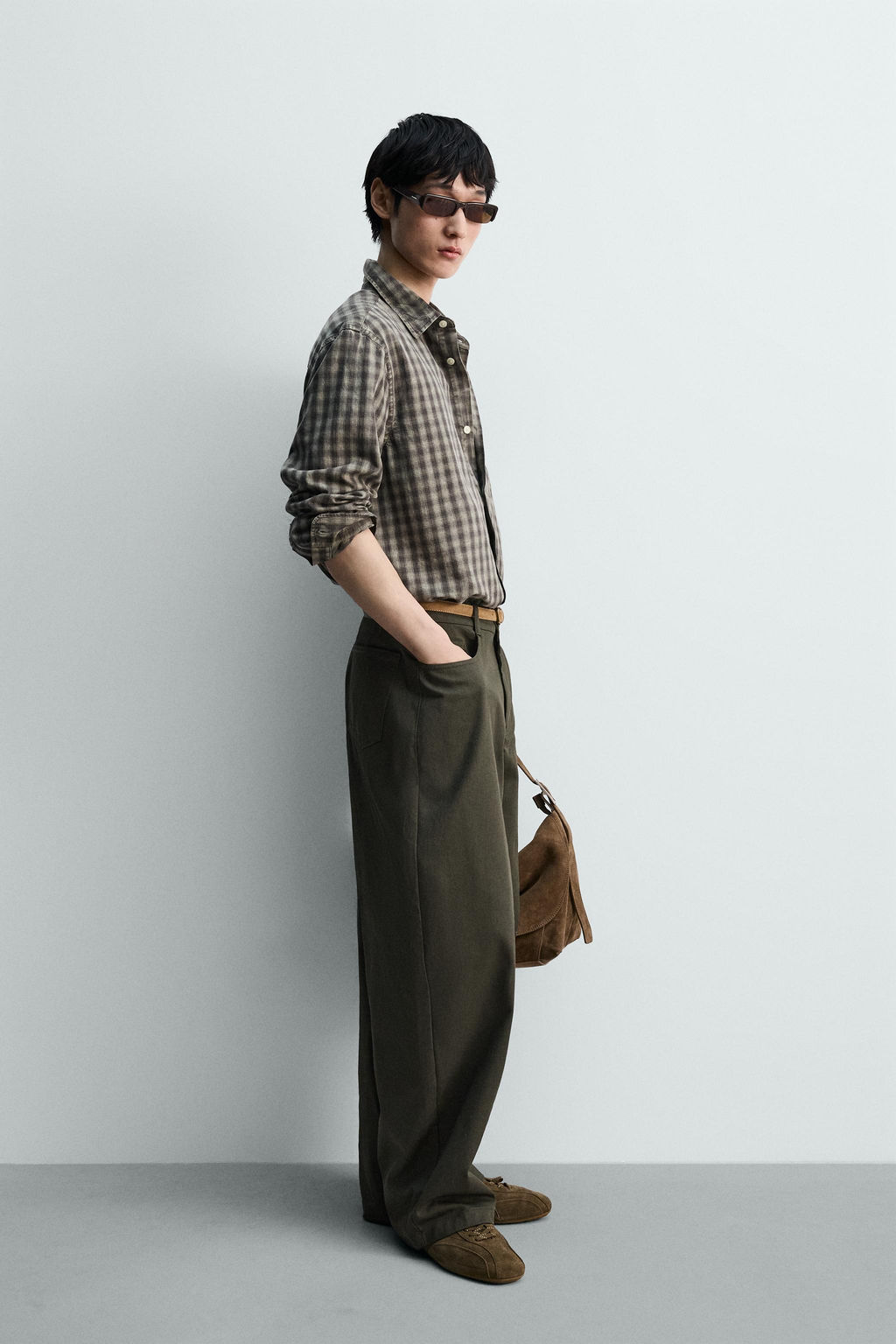CAMISA ALGOD?N - LYOCELL CUADROS / Gris / Tostado - Zara фото 4