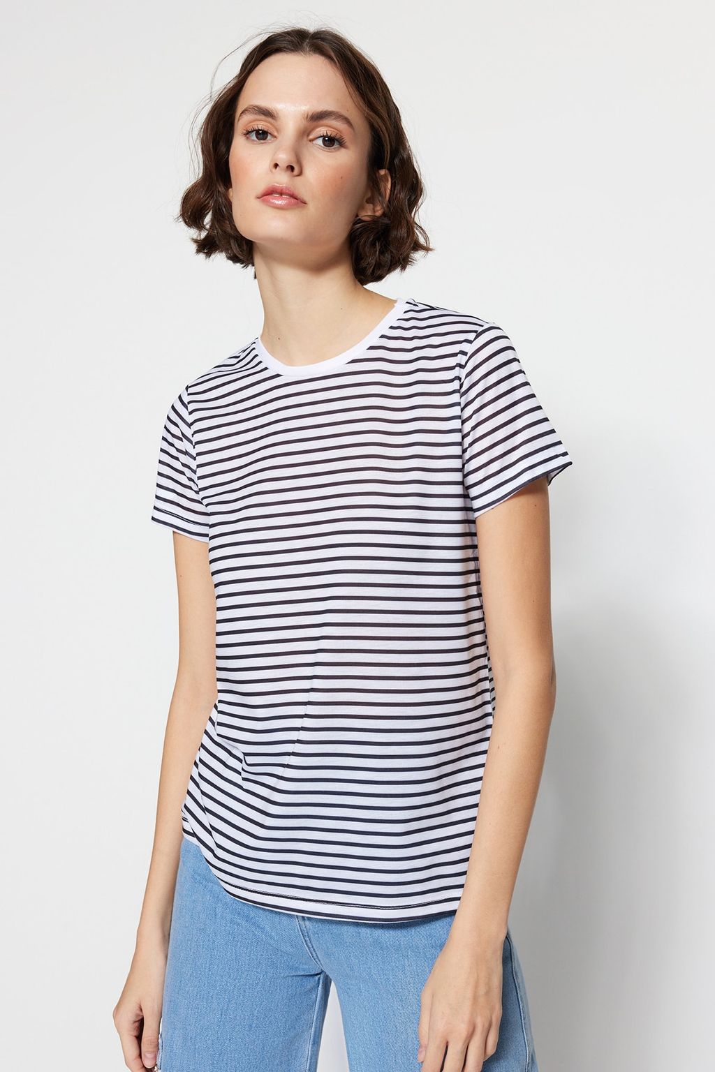 TRENDYOLMILLA Kahverengi-Bej-Haki Cizgili 3lu Paket Basic Bisiklet Yaka Orme T-Shirt TWOSS20TS0146  фото 9