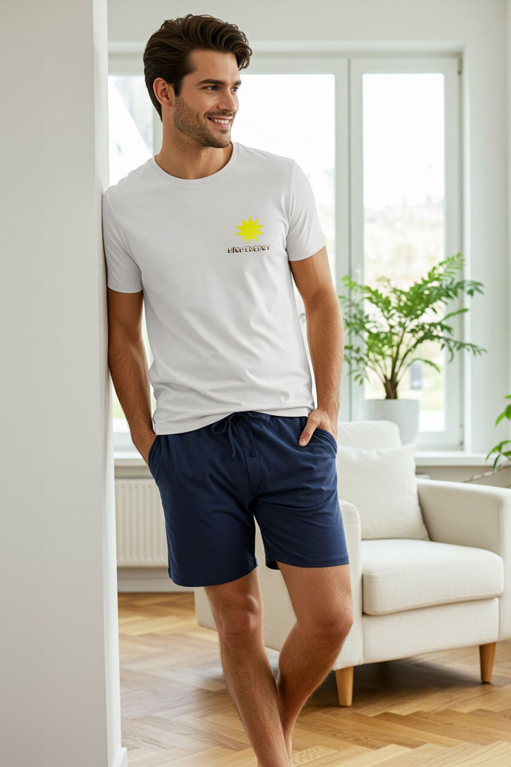 TRENDYOL MAN Ekru - Lacivert Regular Fit Bask?l? Orme Sortlu Pijama Tak?m? TMNSS25PT00019