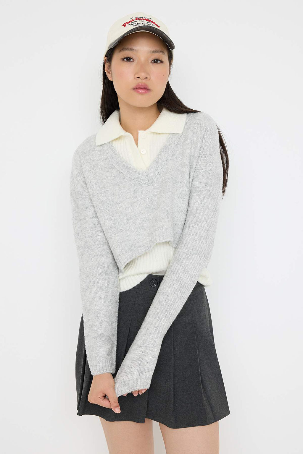 Teen Gri 2li Yumusak Dokulu Ici Fitilli - D?s? Genis Kal?p Crop Triko Kazak TWOAW26HI00139