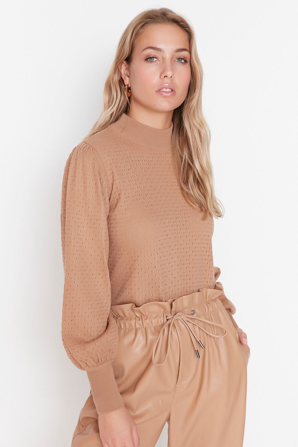 Camel Dik Yaka Triko Kazak TWOAW21KZ0817