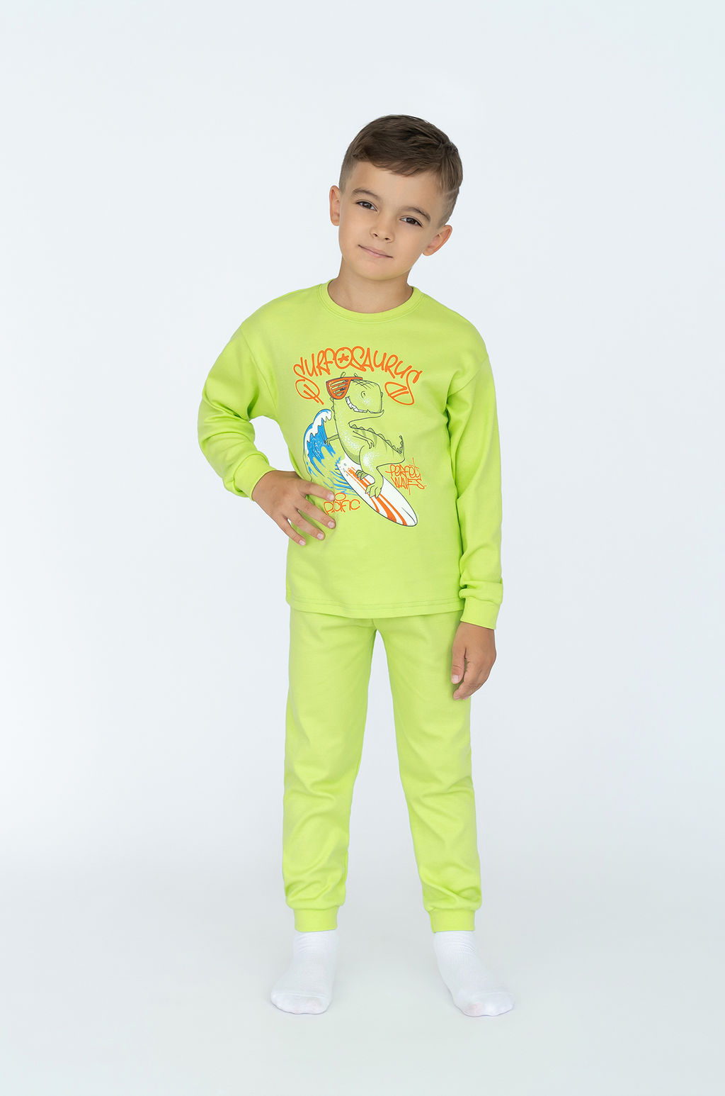 Пижама детская салатовая динозавр на скейте