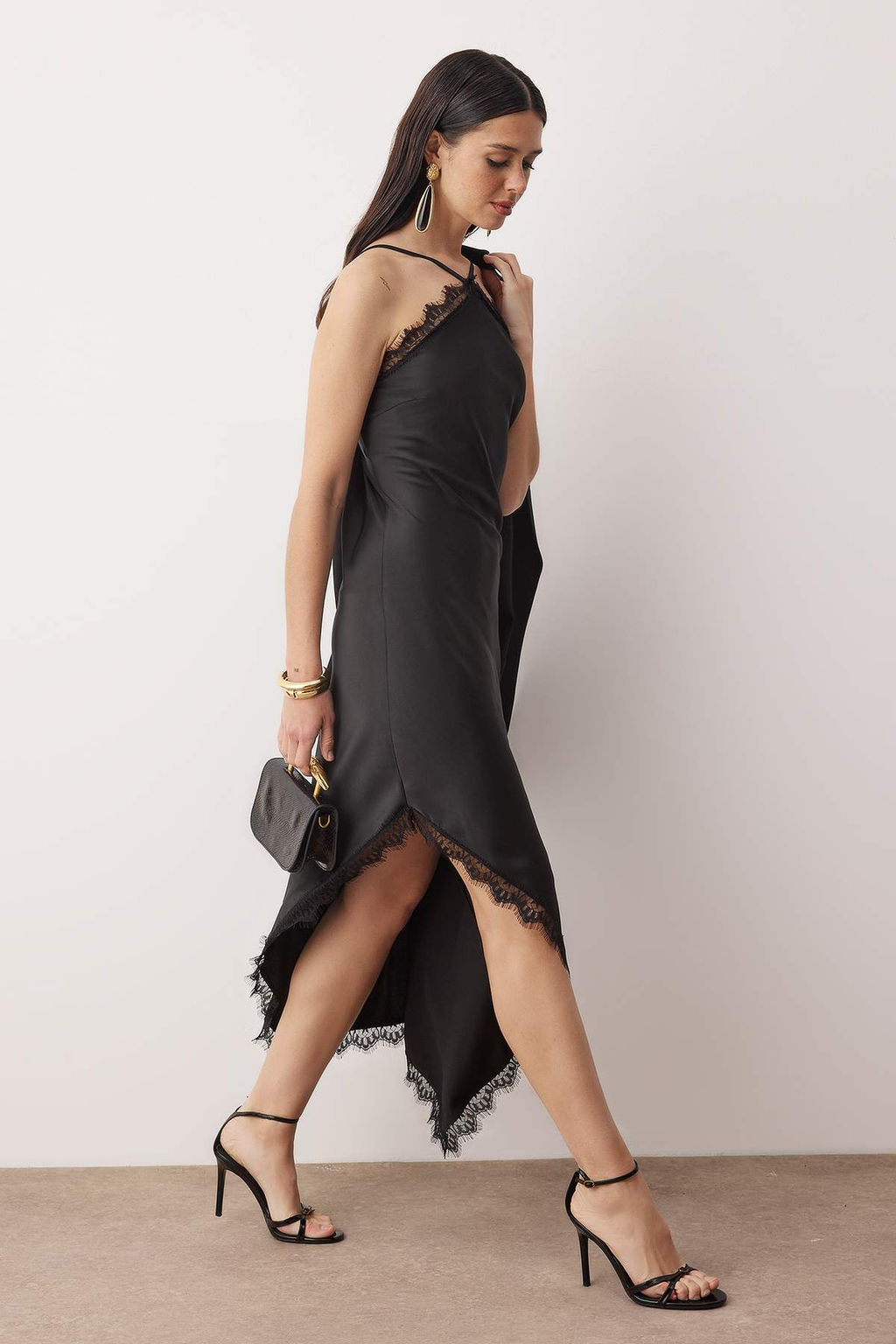 Siyah Duz Dantel Detayl? Dokuma Saten Midi Astars?z S?k/Gece Elbise - Trendyolmilla фото 2