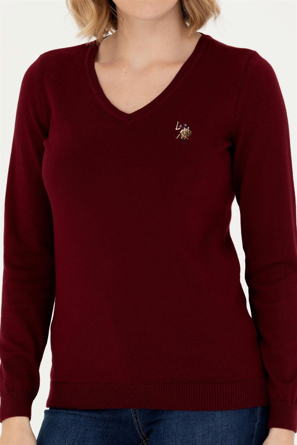 Женский бордовый базовый свитер с v-образным вырезом Неожиданная скидка в корзине - U.s. polo assn фото 6