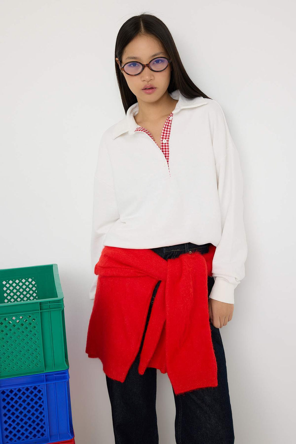 Teen Ekru Oversize/Genis Kal?p Patl? Polo Yaka Kal?n Orme Sweatshirt TWOAW26SW00008