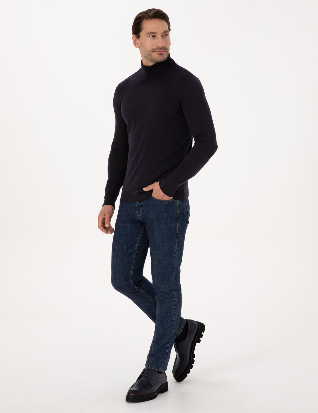 Lacivert Slim Fit Pamuk Kar___ml_ Bal_k__ Yaka Basic Triko Kazak - Cacharel фото 4