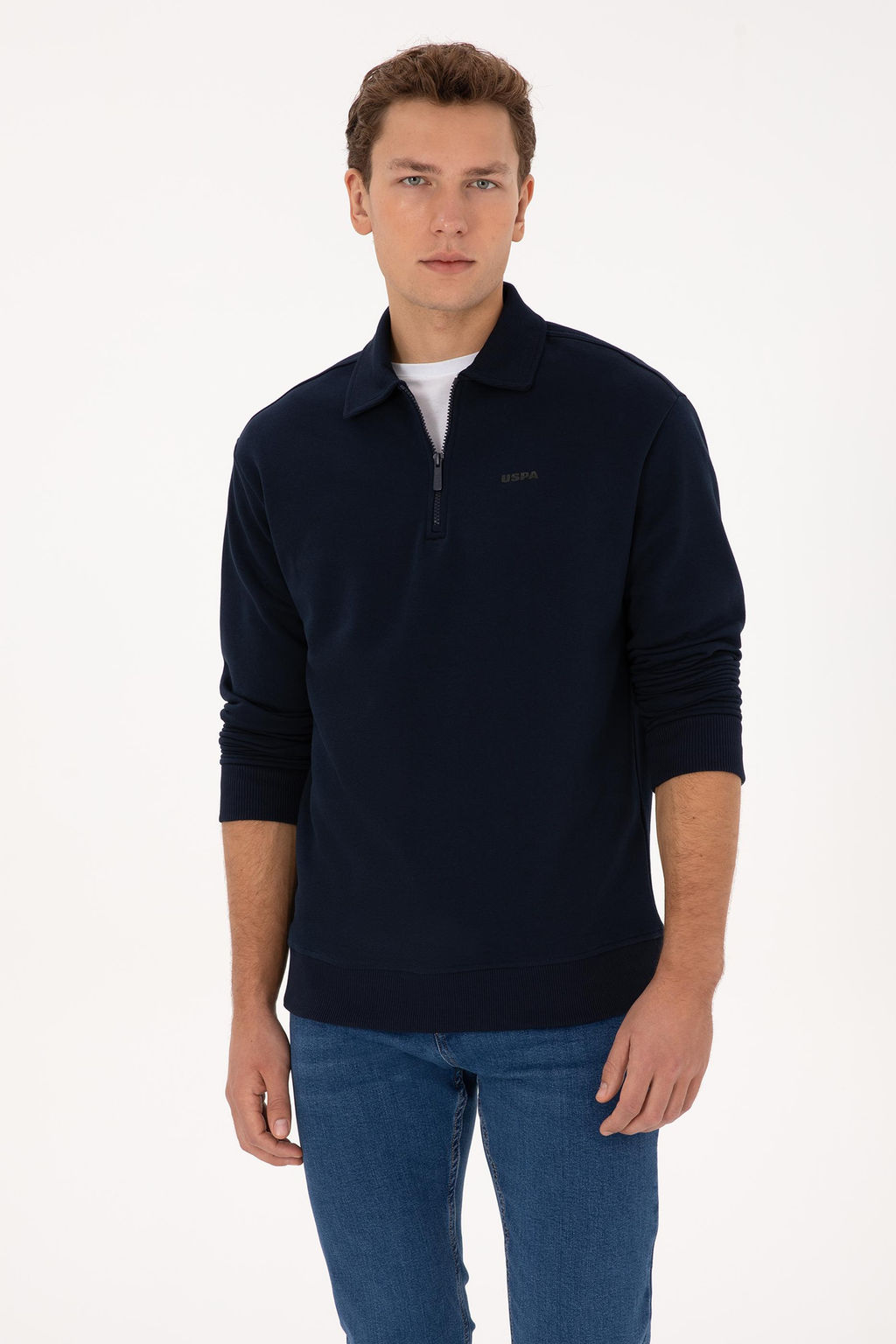 Erkek Regular Fit Yar_m Fermuarl_ Lacivert Basic Sweatshirt