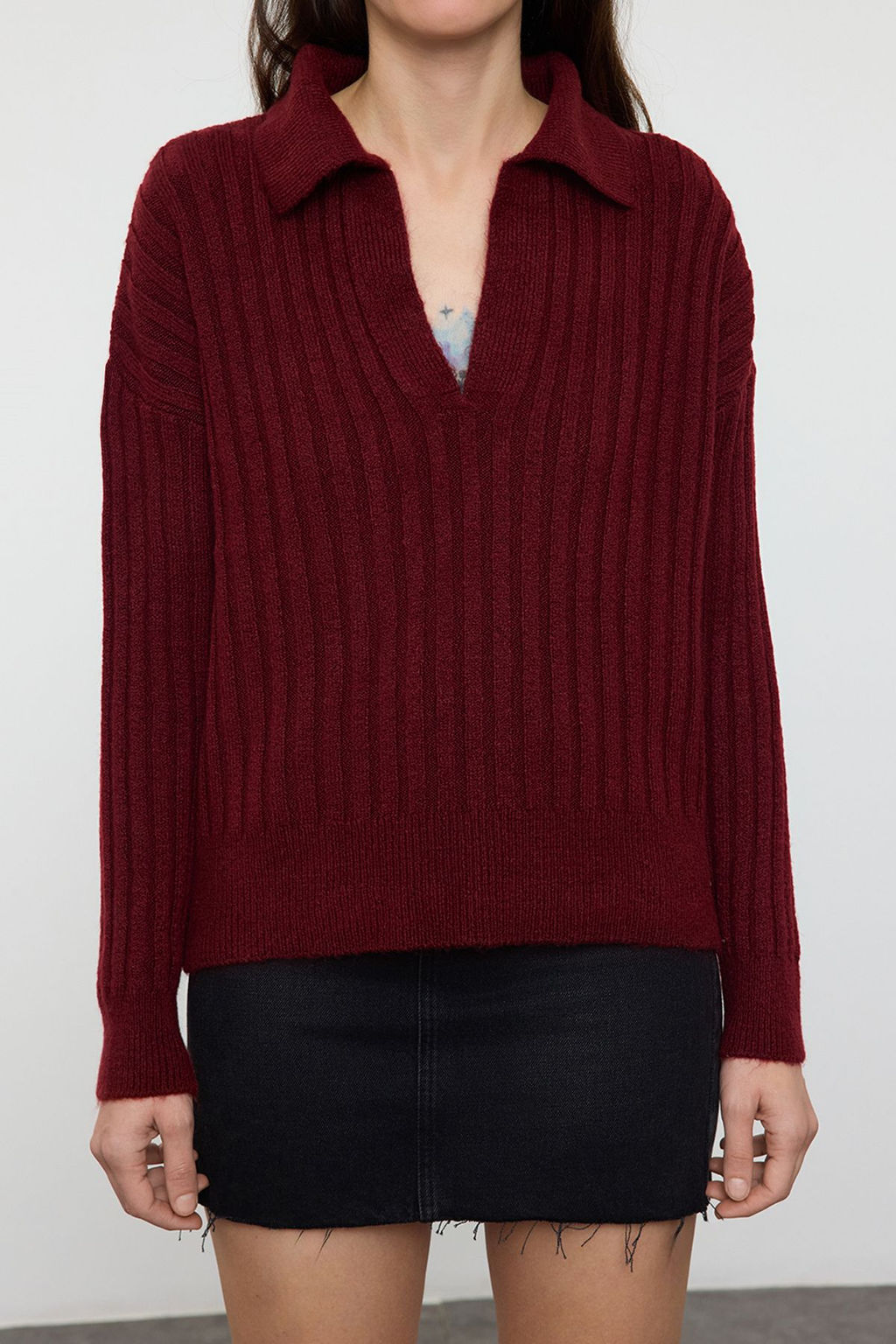 Bordo Yumusak Dokulu Polo Yaka Triko Kazak TWOAW24KZ00678
