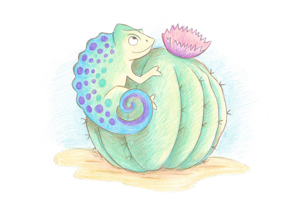 ФРЕЯ RPSK-0054 Хамелеон на цветущем кактусе Скетч для раскраш. цветными карандашами 20.5 х 14.5 см 1 л. .