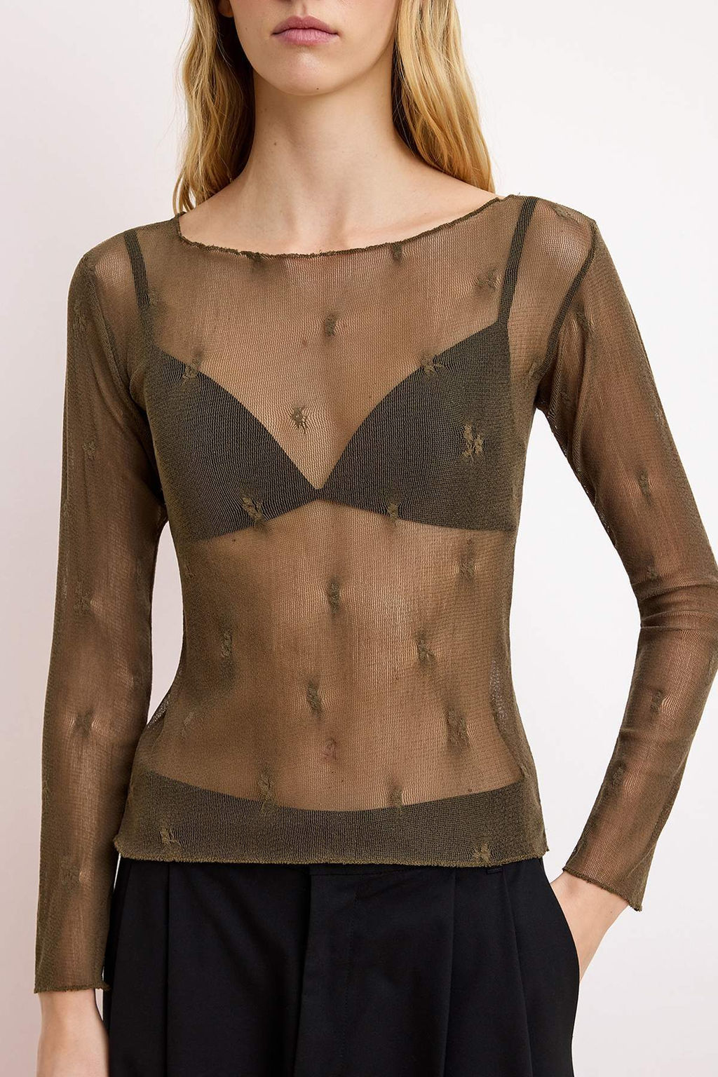 Haki Fitted/Vucuda Oturan Kal?p Uzun Kollu %100 Pamuk Dokulu Orme Bluz TWOSS26BZ00520 - Trendyolmilla фото 3