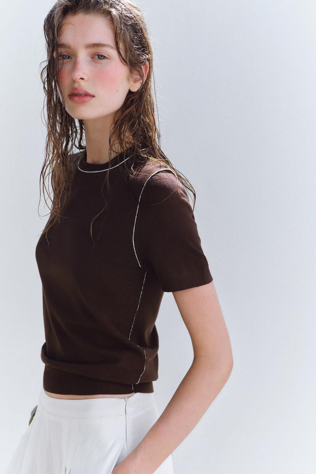 SHORT SLEEVE KNIT TOP WITH PIPING - Zara фото 49