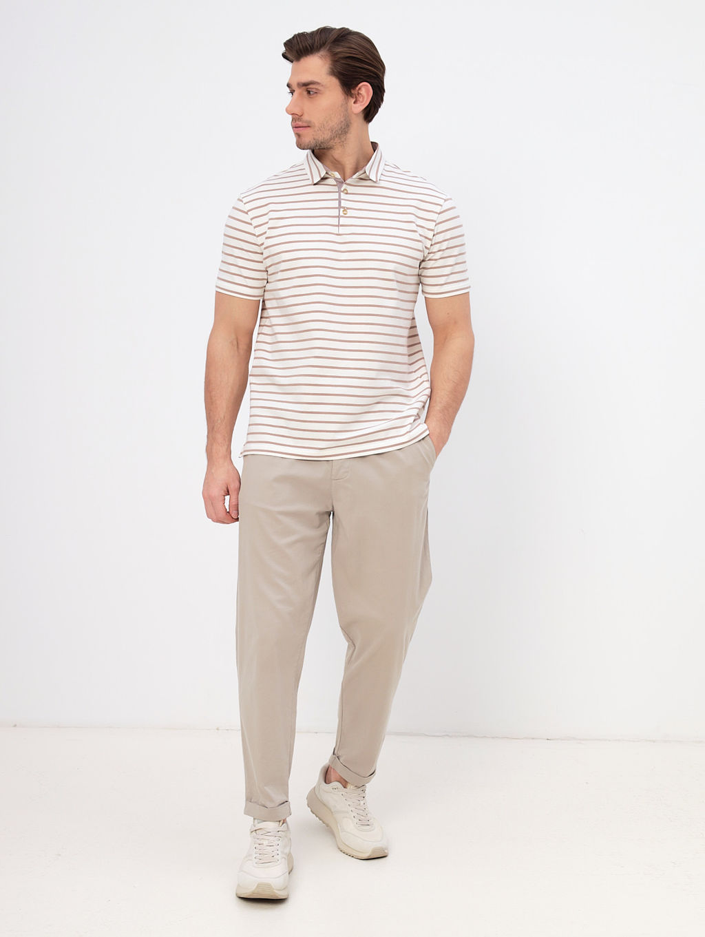 Джемпер мужской с воротником поло короткий рукав GREG G144-KD1246T-UT24 (беж полоска)  фото 6