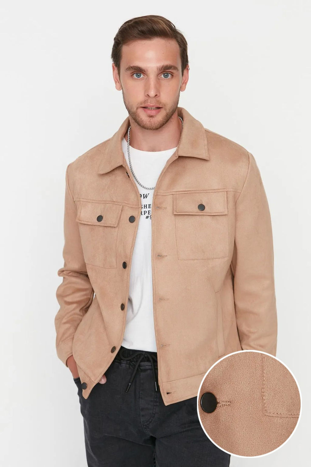 TRENDYOL MAN Camel Regular Fit Cepli Dugmeli K?sl?k Mevsimlik Suet Ceket Mont TMNAW23MO00037