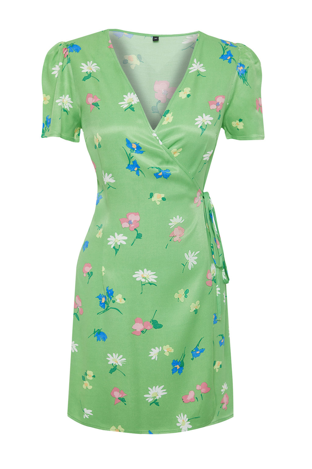 Yesil Cicekli A Kesim Derin V Yaka Saten Mini Dokuma Elbise TWOSS24EL00161